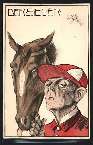 Künstler-AK Sieger beim Pferderennen, Karikatur