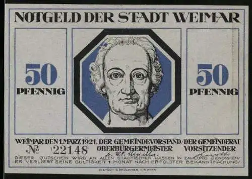 Notgeld Weimar 1921, 50 Pfennig, Krieger schützt die Stadt