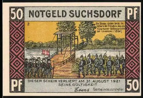 Notgeld Suchsdorf 1921, 50 Pfennig, Dänen rücken über die Schlagbrücke am Eiderkanal b. Annähern d. Preussen, Hochbrücke