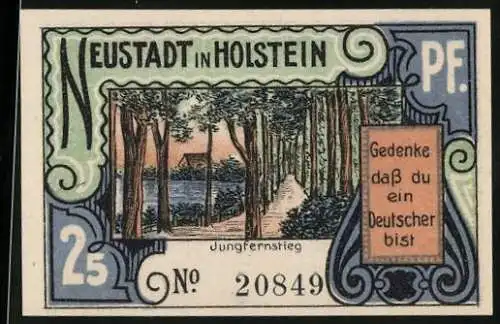 Notgeld Neustadt in Holstein 1921, 25 Pfennig, Jungfernstieg, Abtrennung Nord Schleswigs 1920