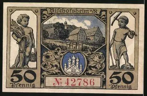 Notgeld Bischofsheim a. Rh., 50 Pfennig, Ortsansicht mit Wappen