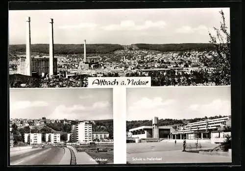 AK Altbach am Neckar, Gesamtansicht, Hochhäuser, Schule und Hallenbad