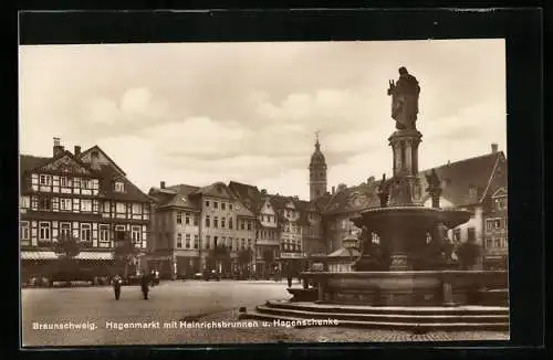 AK Braunschweig, Hagenmarkt mit Heinrichsbrunnen und Hagenschenke