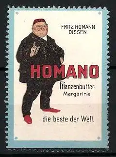 Reklamemarke Homano Pflanzenbutter-Margarine ist die Beste der Welt, Fritz Homann, Dissen, Mann zeigt mit dem Finger