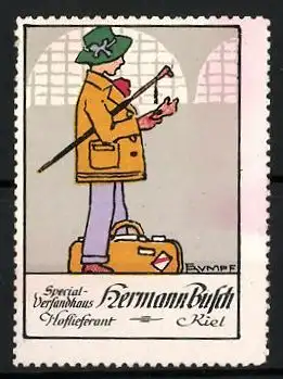 Künstler-Reklamemarke Rumpf, Special-Versandhaus Hermann Busch, Kiel, Knabe mit Koffer