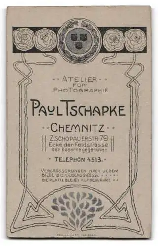 Fotografie Paul Tschapke, Chemnitz, Zschopauerstr. 79, Anschrift des Ateliers in Jugendstil Umrandung