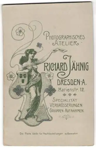 Fotografie Richard Jähnig, Dresden, Marienstr. 12, junge leicht bekleidete Frau reicht Fotografie, Wappen, Jugendstil