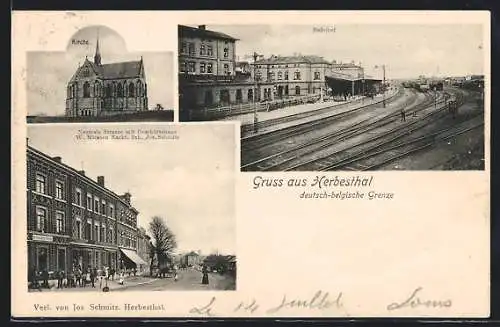 AK Herbesthal, Neutrale Strasse mit Geschäftshaus W. Miessen, Bahnhof, Kirche