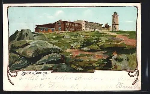 Lithographie Brocken, Blick auf Hotel und Turm