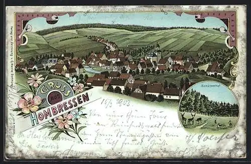 Lithographie Hombressen, Schützenhof, Ortsansicht aus der Vogelschau