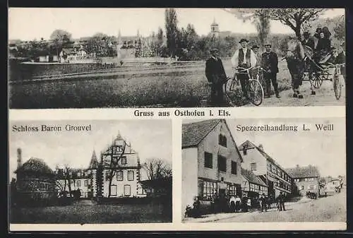 AK Osthofen i. E., Spezereihandlung L. Weill, Schloss Baron Grouvel