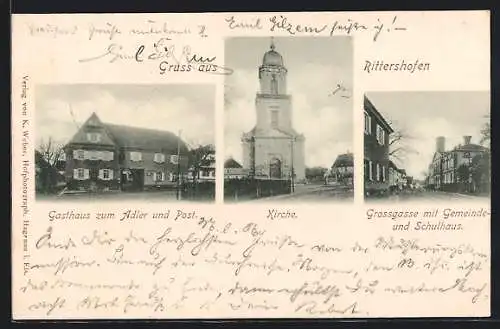 AK Rittershofen, Gasthaus zum Adler und Post, Grossgasse mit Gemeinde- und Schulhaus