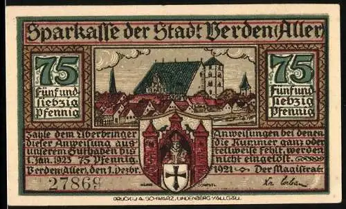 Notgeld Verden /Aller 1921, 75 Pfennig, Ortspartie mit Kirche, Wappen