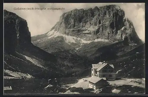 AK Grödnerjoch-Hospiz, Ansicht mit Langkofel