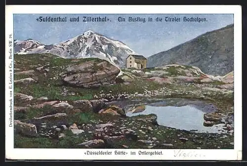 AK Düsseldorfer Hütte, Ansicht mit Gewässer und Berggipfel