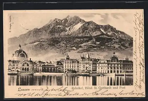 AK Luzern, Bahnhof, Hotel St. Gotthardt und Post