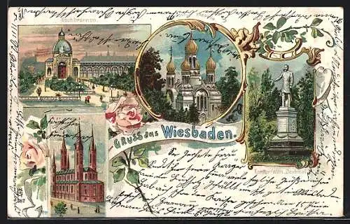 Lithographie Wiesbaden, die Griechische Kapelle, der Kochbrunnen, die evgl. Kirche, das kaiser Wilhelm Denkmal