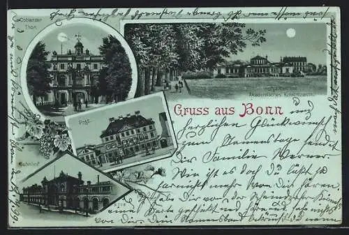 Mondschein-Lithographie Bonn, Bahnhof, Post, Hofgarten und Kunstmuseum