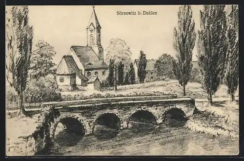 Künstler-AK Sörnewitz / Dahlen, Kirche und Brücke