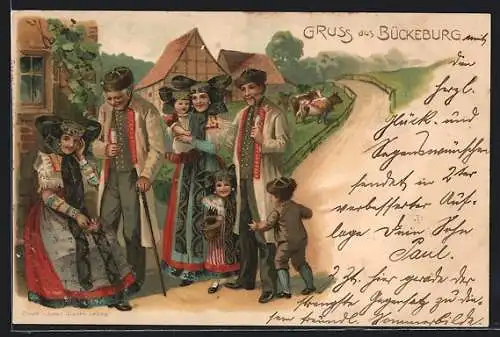 Lithographie Stadthagen, Familie in Tracht mit Kühen