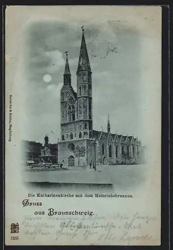 Mondschein-AK Braunschweig, Katharinenkirche mit Heinrichsbrunnen