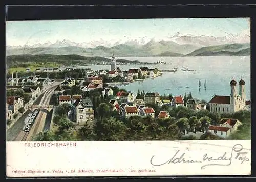 AK Friedrichshafen, Ortsansicht mit Eisenbahn