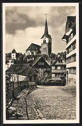 AK Herisau, Strassenpartie mit Kirchblick