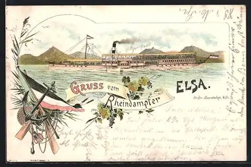 Lithographie Rheindampfer Elsa in voller Fahrt