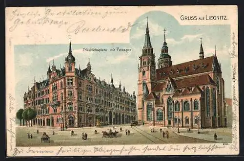 Lithographie Liegnitz, Friedrichsplatz mit Passage und Kirche