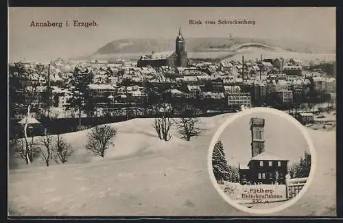 AK Annaberg i. Erzgeb., Blick vom Schreckenberg, Pöhlberg-Unterkunftshaus im Winter