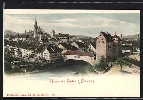 AK Baden, Teilansicht mit Brücke und Kirche