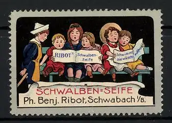 Reklamemarke Schwalbenseife schwimmt, sie wäscht und bleicht!, Ph. Benj. Ribot, Schwabach, singende Kinder