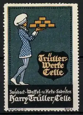 Reklamemarke Zwieback-, Waffel-und Keks-Fabriken Harry Trüller, Celle, Serie 1, Bild 2, Bäcker serviert Gebäck