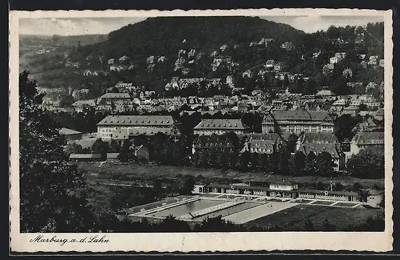 AK Marburg a. d. Lahn, Teilansicht mit Schwimmbad