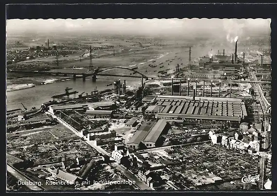 AK Duisburg, Rheinbrücke mit Indurstieanlage