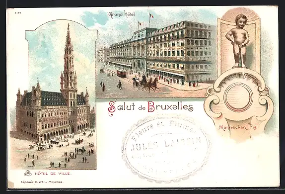 Lithographie Brüssel / Bruxelles, Grand Hotel, Hotel de Ville, Mannecken Pis