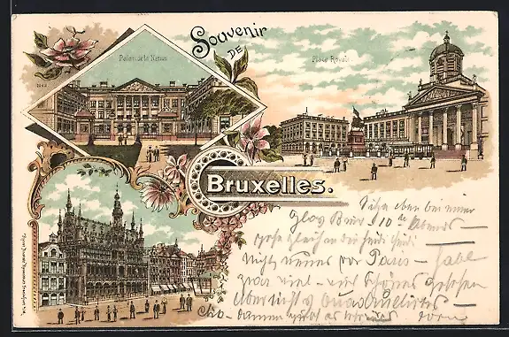 Lithographie Bruxelles, Place Royale, Palais de la Nation, Maison du Roi, Maison des Tailleurs