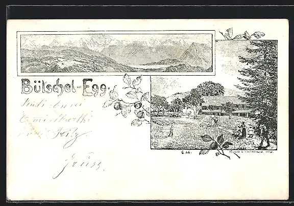 Lithographie Bütschel-Egg, Gebäude mit Umgebung, Bergpanorama