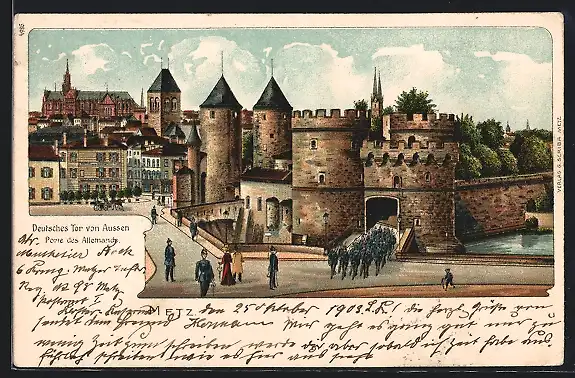 Lithographie Metz, Deutsches Tor von Aussen