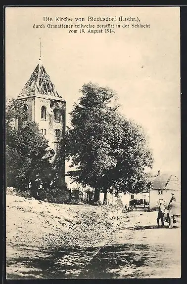 AK Biedesdorf /Lothr., Kirche, Teilweise zerstört