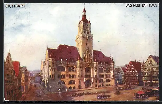 Künstler-AK Raphael Tuck & Sons Nr. 166 B: Stuttgart, das Neue Rathaus, Marktplatz