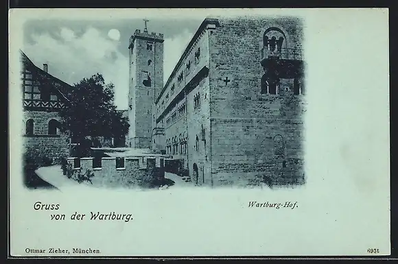 Mondschein-AK Eisenach, Wartburg, Hof