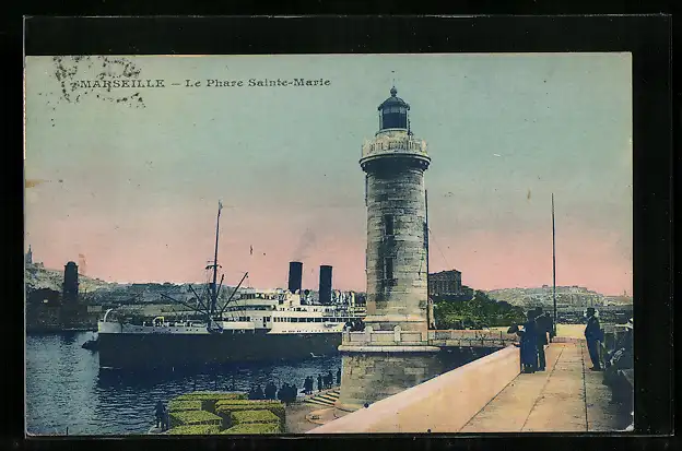 AK Marseille, Le phare Sainte-Marie, entrée d`un courrier, Leuchtturm, Dampfer