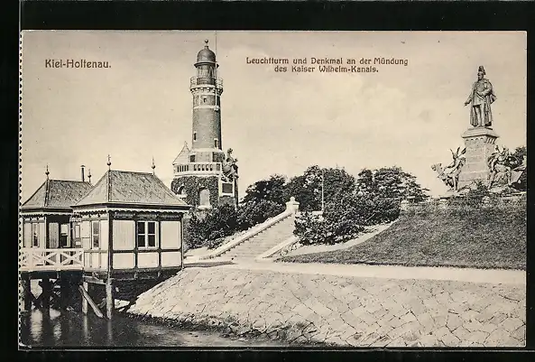 AK Kiel-Holtenau, Leuchtturm und Denkmal an der Mündung des Kaiser Wilhelm-Kanals