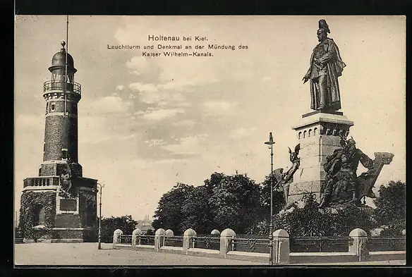 AK Holtenau bei Kiel, Leuchtturm und Denkmal an der Mündung des Kaiser Wilhelm-Kanals