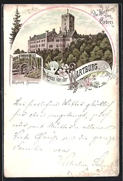 Lithographie Eisenach, Die Wartburg von Osten, Elisabeth-Brunnen