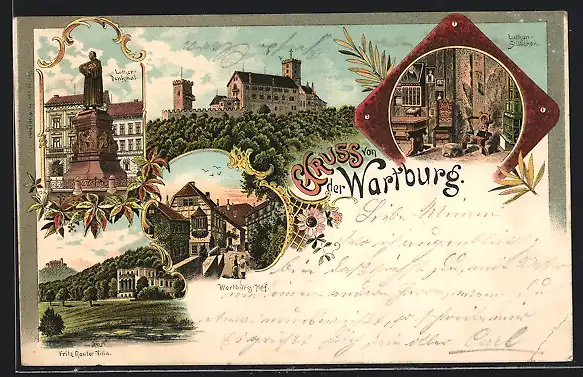 Lithographie Wartburg, Totalansicht, Hof und Lutherstübchen