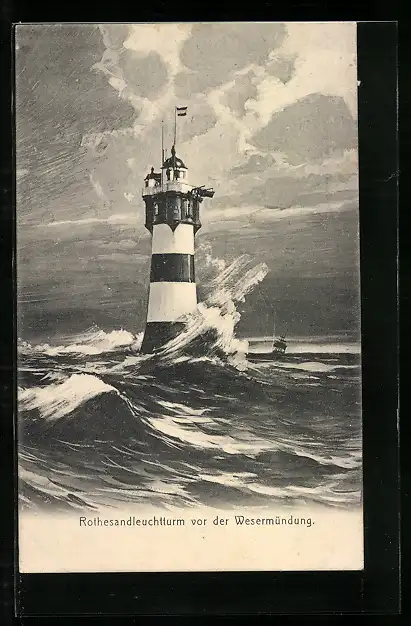 AK Rothesandleuchtturm vor der Wesermündung, Segelschiff
