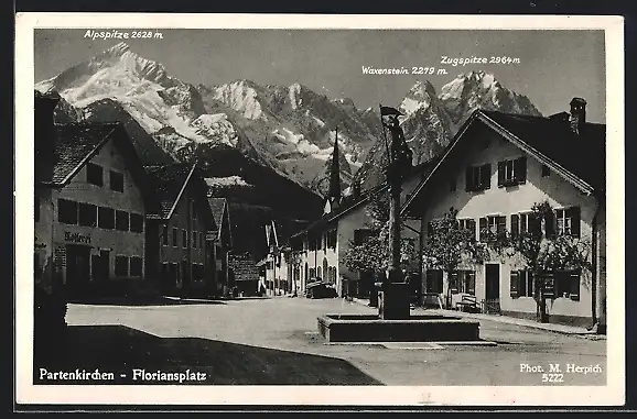 AK Partenkirchen, Floriansplatz mit Blick auf Alpspitze und Zugspitze