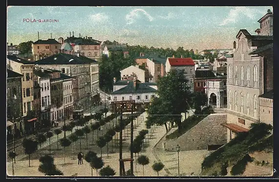 AK Pola, Giardini, Strassenpartie mit Stadtpark